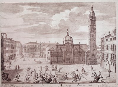Uitzicht op het plein van de kerk van Santa Maria Formosa in Venetië (Gravure uit 