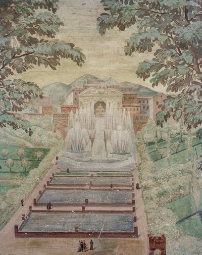 Uitzicht op het waterorgel en de Neptunusfontein door Italian School