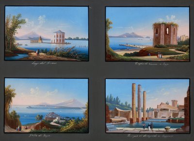 Uitzichten op de Phlegraean velden: Fusaro meer, Tempel van Venus in Baja, Baja Golf, Tempel van Serapis in Pozzuoli door Italian School