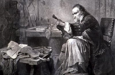 Vioolmaker in zijn werkplaats (gravure) door Italian School