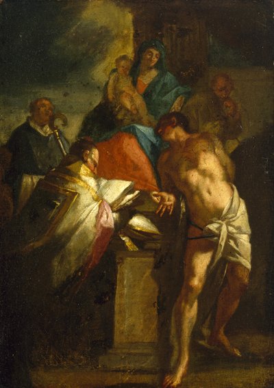 Maagd en Kind met Sint Sebastiaan en een Bisschop Heilige door Italian School
