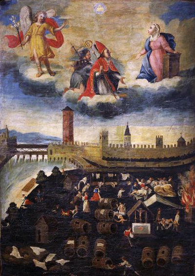 Votief banier die de pest in Trento in 1636 afbeeldt door Italian School