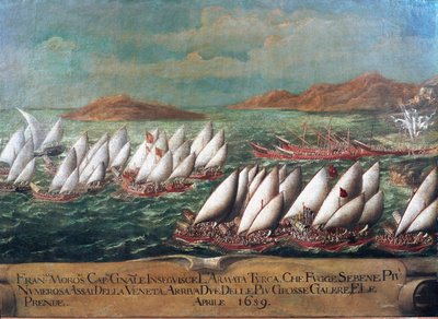 Oorlog van Candia (Kreta): de Venetiaanse vloot tijdens de campagne van Doge Francesco Morosini tegen de Turken in 1659 door Italian School