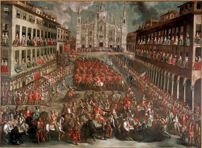 Oorlog van de Spaanse Successie: Feesten georganiseerd om de intocht in Milaan van Prins Eugenio di Savoia te vieren na de slag bij Turijn op 24/09/1706 door Italian School
