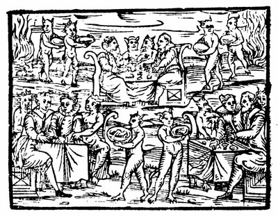 Heksen en tovenaars feestend op de sabbat, illustratie uit Compendium Maleficarum door Francesco Maria Guazzo, 1608 door Italian School