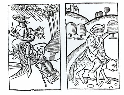 Heksen vermomd als dieren die op een bezemsteel rijden (links) en mannelijke heks die op een wolf rijdt (rechts), kopieën van illustraties uit Compendium Maleficarum door Fr M Guaccius, Milaan 1608, gebruikt in History of Magic door Italian School