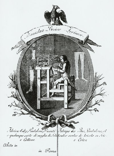 Werker aan weefgetouw, Afbeelding reclame voor Stanislaus Bosisio Torinese, Fabrikant van sokken, Broeken, Handschoenen en allerlei soorten zijde- en katoenen breigoed, Gravure, Italië door Italian School
