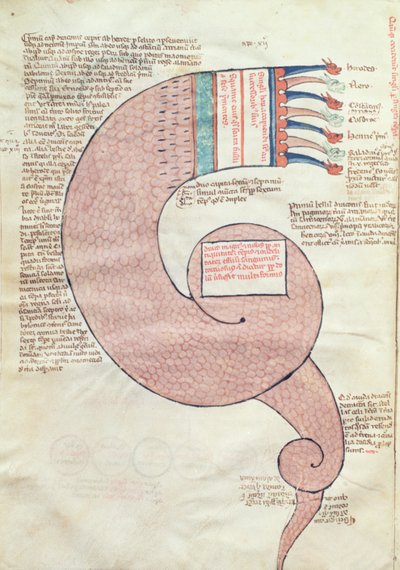 ms.ASPi, C.M 15, c.3v Pagina met tekst en een apocalyptische draak, uit Liber Figurarum e le Proemisssiones Gioachimitiche door Joachim van Flora (c.1132-1202) door Italian School