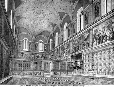 Tekening die het interieur van de Sixtijnse Kapel voor de renovatie in 1508 toont door Italian School Italian School
