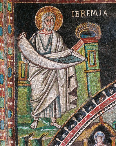 Profeet Jeremia, mozaïek, links van lunet, noordelijke muur van het priesterkoor, Basiliek van San Vitale (UNESCO Werelderfgoedlijst) door Italian School