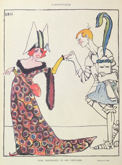 Mistinguett (1875-1956) en haar Ridder, karikatuur uit 