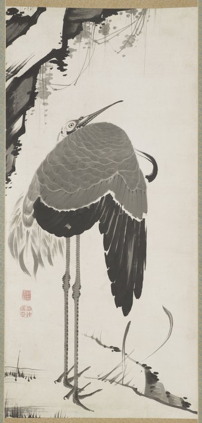 Kraanvogels, een van een paar, Hangende Rol, Edo-periode door Ito Jakuchu