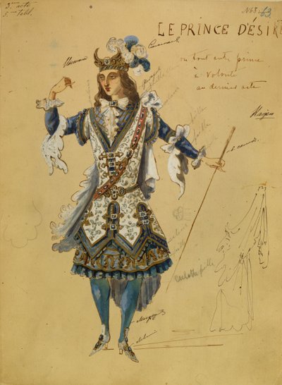 Kostuumontwerp voor het ballet Doornroosje van P. Tsjaikovski door Ivan Alexandrovich Vsevolozhsky