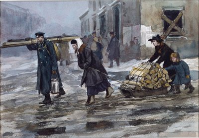 Een familie van een ingenieur die wat brandstof naar huis sleept door Vladimirov, Ivan Alexeyevich (1869-1947) door Ivan Alexeyevich Vladimirov