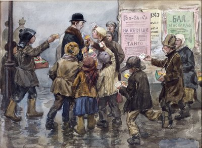 Een buitenlander aangevallen door sigarettenverkopers in Petrograd door Ivan Alexeyevich Vladimirov