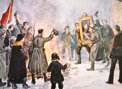 Bolsjewistische soldaten op het punt een portret van de tsaar te verbranden, tijdens de Russische Revolutie van 1917 door Ivan Alexeyevich Vladimirov