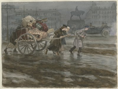 Familie verplaatst zijn bezittingen op kar uit de serie aquarellen Russische revolutie, 1917-1918 door Ivan Alexeyevich Vladimirov