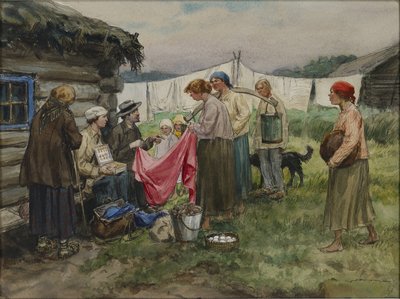 Hongersnood in Petrograd. Ruilhandel voor levensmiddelen in een dorp nabij een treinstation door Ivan Alexeyevich Vladimirov