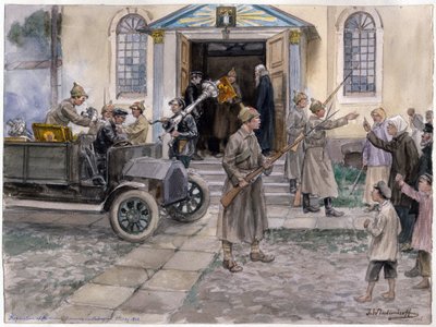 Inbeslagname van de kerkschatten in Petrograd op 5 mei 1922 door Ivan Alexeyevich Vladimirov