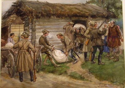 Vordering van meel van rijke boeren in een dorp nabij Pskov door Ivan Alexeyevich Vladimirov