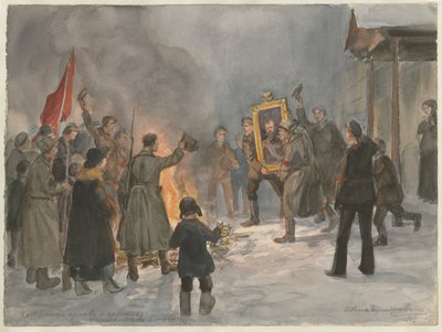 Soldaten verbranden schilderijen uit de serie aquarellen Russische revolutie door Ivan Alexeyevich Vladimirov