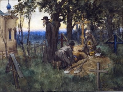 De geestelijken verbergen kerkschatten in een nieuw graf op een begraafplaats door Vladimirov, Ivan Alexeyevich (1869-1947) door Ivan Alexeyevich Vladimirov