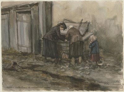 Twee vrouwen en een kind zoeken door vuilnisbak uit de serie aquarellen Russische revolutie door Ivan Alexeyevich Vladimirov