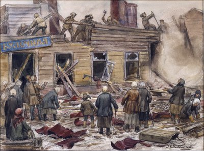 Arbeiders slopen houten huizen voor brandstof door Vladimirov, Ivan Alexeyevich door Ivan Alexeyevich Vladimirov