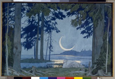 Clair de lune op het Ilmenmeer. Decor voor de opera Sadko van N. Rimsky-Korsakov door Ivan Yakovlevich Bilibin