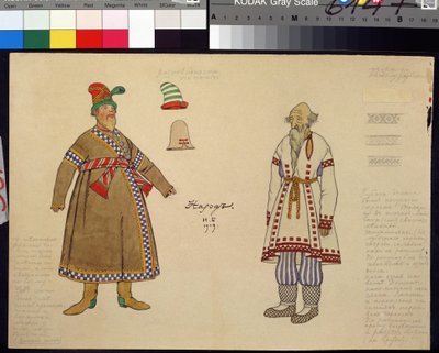 Kostuumontwerp voor de opera De Gouden Haan van Nikolai Rimski-Korsakov door Ivan Yakovlevich Bilibin