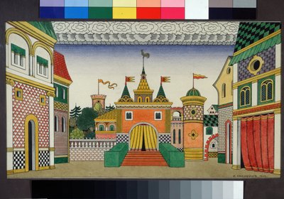 Voorbereidende tekening voor het decor van de opera De Gouden Haan van Nikolai Rimski-Korsakov door Ivan Yakovlevich Bilibin