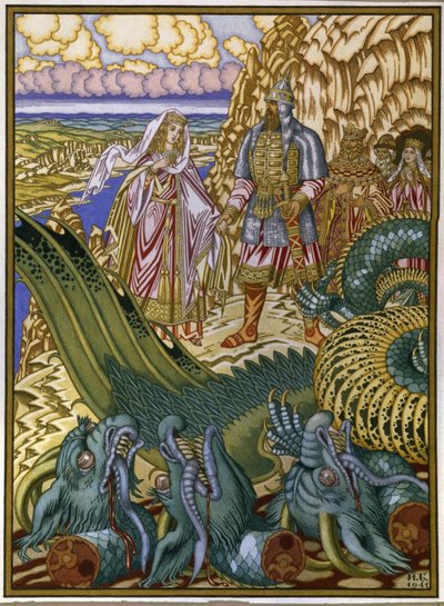 Dobrynia Nikitich redt Zabava Putyatishna van de draak Gorynych door Ivan Yakovlevich Bilibin
