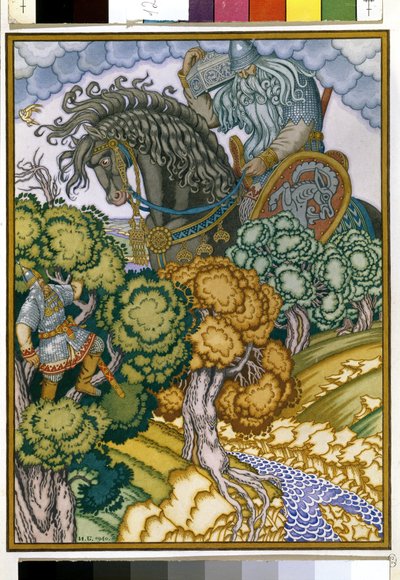 Ilia van Moerom zittend in een boom observeert de terugkeer van de reus die een kristallen kist draagt. Illustratie voor "Ilia Moeromets en Sviatogor". Werk van Ivan Yakovlevich Bilibin (1876-1942), aquarel en gouache op papier door Ivan Yakovlevich Bilibin