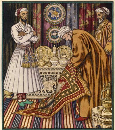 Prins Ali koopt een vliegend tapijt. Illustratie voor een Arabisch sprookje. Schilderij van Ivan Yakolevich Bilibin (1876-1942). Aquarel op papier. Sint-Petersburg, Staats Russisch Museum. door Ivan Yakovlevich Bilibin