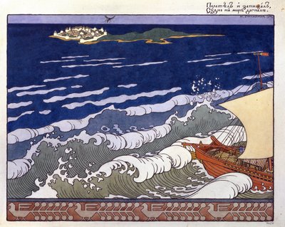 Het schip vaart naar een eiland, geleid door de vlucht van een hommel door Ivan Yakovlevich Bilibin