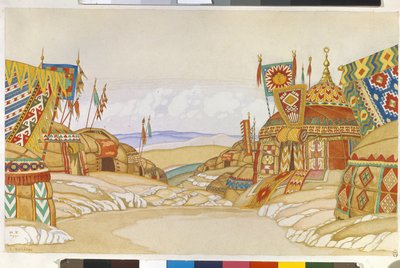 Het militaire kamp Polovtsien (Decor voor de opera Prins Igor) door Ivan Yakovlevich Bilibin