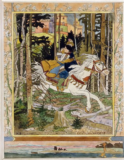 Prins Ivan. Held van Russische folklore, rijdend op een wit paard in het bos, vluchtend uit een kasteel en Vassilissa de Aller Mooiste in zijn armen houdend door Ivan Yakovlevich Bilibin