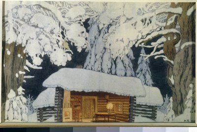 Houten huis in het besneeuwde bos door Ivan Yakovlevich Bilibin