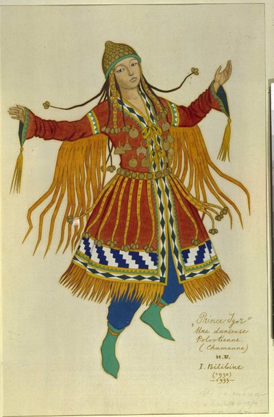Een Polovtsiaanse (of Koeman, Kouman) sjamaandanseres. Kostuum voor de opera "Prins Igor" van Alexander Borodin (1833-1887). Werk van Ivan Yakovlevich Bilibin (1876-1942), aquarel op papier door Ivan Yakovlevich Bilibin