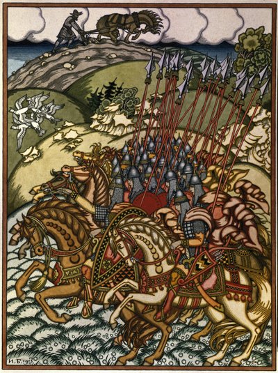 Volga Sviatoslavich (Vseslav van Polotsk (ca. 1039-1101), grootvorst van Kiev van 1068 tot 1069) en Mikula Selyaninovich (?). Werk van Ivan Yakovlevich Bilibin (1876-1942), lithografie door Ivan Yakovlevich Bilibin