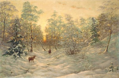 Herten in een besneeuwd landschap bij schemering door Ivan Fedorovich Choultse