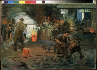 Arbeiders in een gieterij door Ivan Georgievich Drozdov