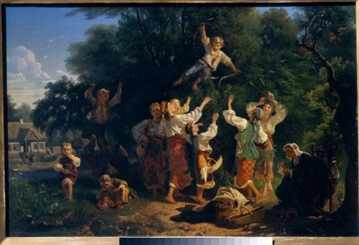 Het plukken van kersen in de boomgaard van een eigenaar in Oekraïne. Schilderij van Ivan Ivanovich Sokolov door Ivan Ivanovich Sokolov