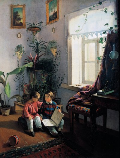 Kinderen bladeren door prentenboek door Ivan Khrutsky