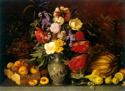 Stilleven met bloemen en vruchten 1839 van Ivan Chroetski (18101885) geboortenaam: Jan Chrucki. Pools-Russische schilder door Ivan Khrutsky