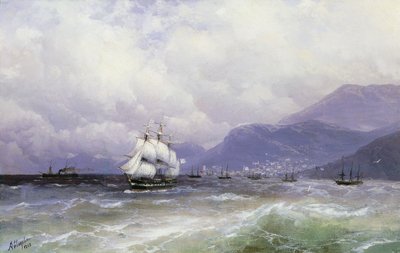 Een Kustlandschap met Schepen bij Trebizond, 1888 door Ivan Konstantinovich Aivazovsky