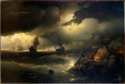 Peter de Grote steekt een vuur aan bij Krasnoi Gorka door Ivan Konstantinovich Aivazovsky