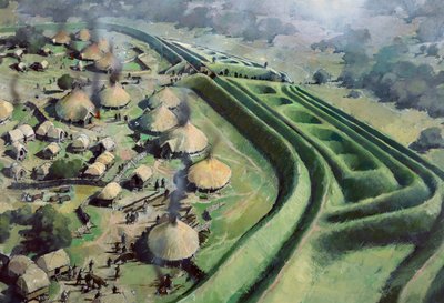 Luchtfoto van de ingang van Old Oswestry Hill Fort tijdens de IJzertijd, ca. 1970-2010 door Ivan Lapper