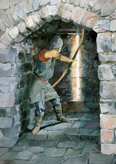 Middeleeuwse boogschutter schietend door een schietsleuf bij Beeston Castle, Cheshire door Ivan Lapper