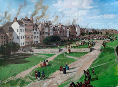 Gereconstrueerd zicht op Tower Hill met de executie van Lord Lovat in 1747 door Ivan Lapper